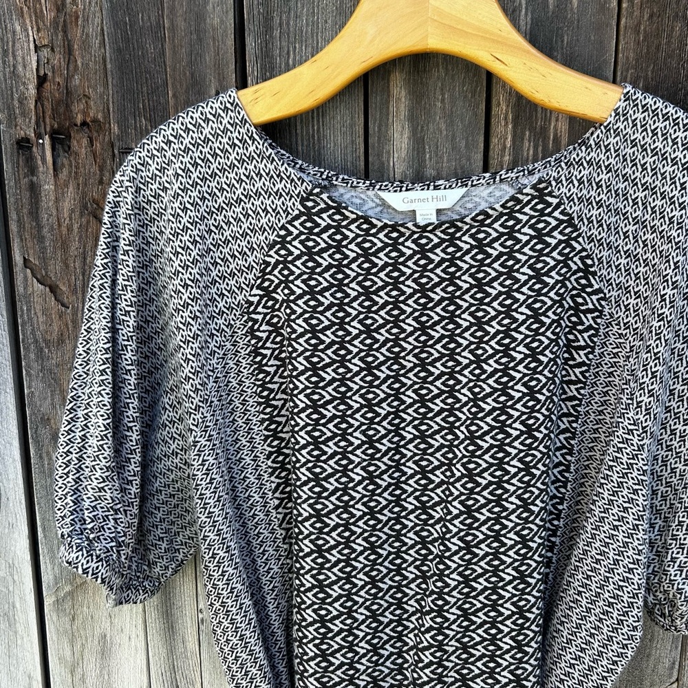 Garnet Hill Imogene Linen Midi Puff Sleeve Belted Print Dress Black Tan Beige L - Picture 4 of 16